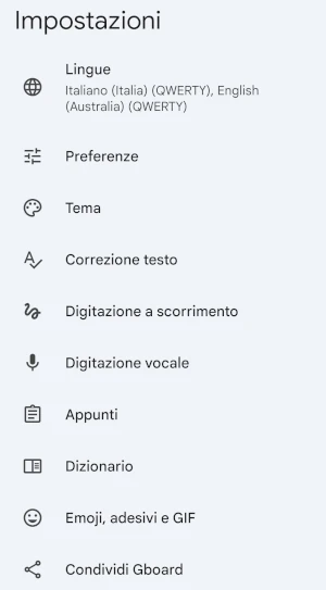 schermata delle impostazioni di gboard