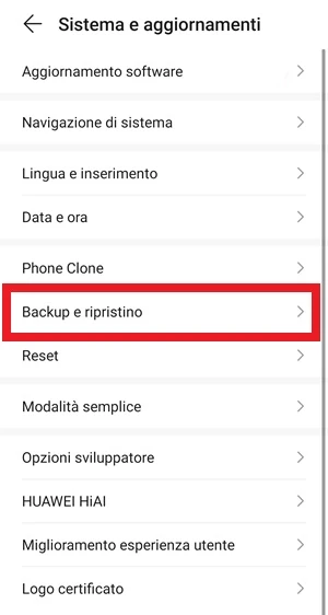 la voce backup e ripristino è messa in risalto con una cornice rossa rispetto alle altre voci nella schermata sistema e aggiornamenti delle impostazioni del telefono