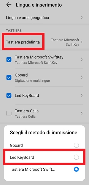 dalla pagina lingua e inserimento delle impostazioni di android dalla finestra sceglie il metodo di immissione è da selezionare la tastiera led keyboard