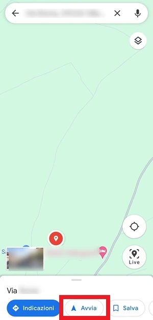 mappa di google maps dove è visibile il pulsante avvia inquadrato in rosso