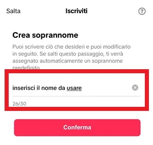dalla schermata di iscrizione di tiktok viene richiesto un nome da usare