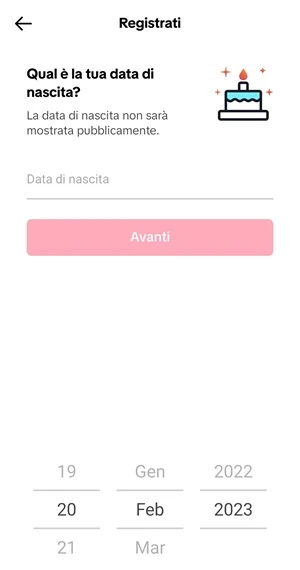 schermata di registrazione di tiktok dove viene chiesta la data di nascita dell'utente