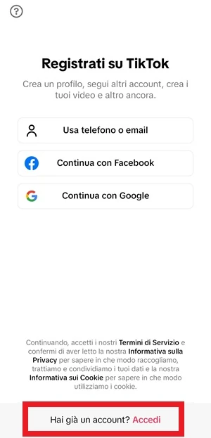 schermata di registrazione di tiktok da cui è in risalto la voce "hai già un account? accedi"