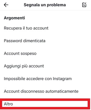 da tiktok nella pagina di segnalazione di un problema è in evidenza la voce altro