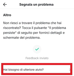 dalla schermata altro dell'app tiktok è in risalto con una cornice rossa la voce "hai bisogno di ulteriore aiuto?"