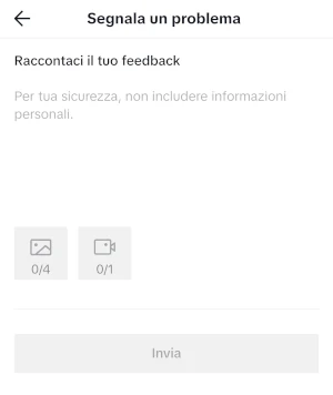 dalla pagina segnala un problema di tiktok si può lasciare il feedback
