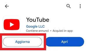 nella pagina di download di youtube nel play store è messo in evidenza dentro a un riquadro rosso il pulsante aggiorna