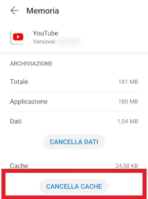 dalla schermata memoria di youtube accessibile dalle impostazioni dello smartphone, il pulsante cancella cache è in evidenza
