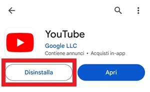 pagina di download dell'app youtube che si trova nel play store di google e il pulsante disinstalla è messo in risalto con una cornice rossa intorno