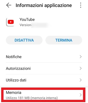 dalla pagina informazioni applicazione di youtube la voce memoria è messa in risalto