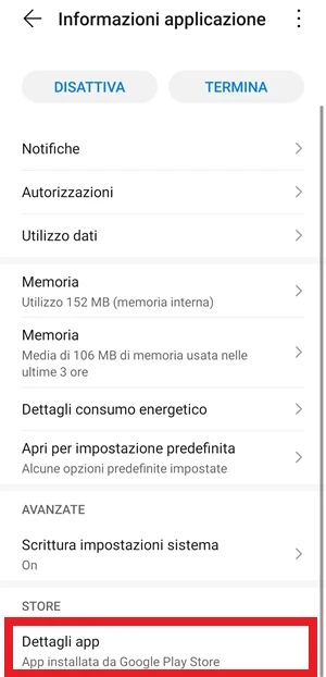 la voce dettagli app è in evidenza nella pagina informazioni applicazione di android