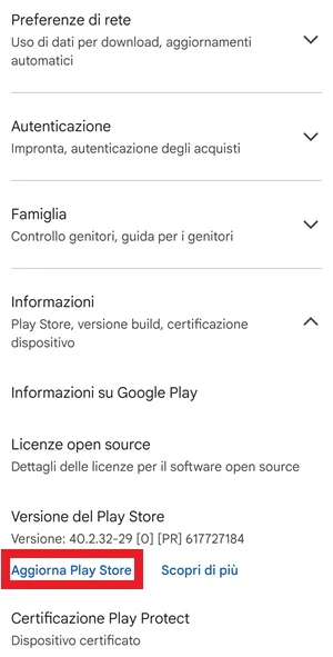 da sotto versione del play store è evidenziata la voce aggiorna play store