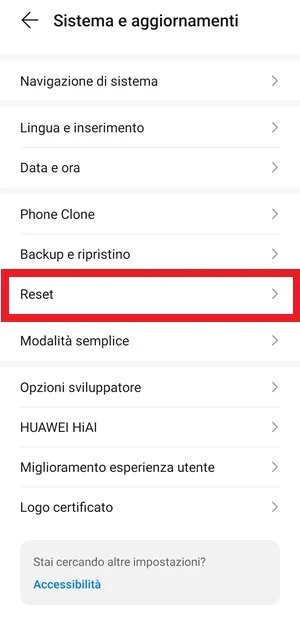 il pulsante reset è stato messo in evidenza con una cornice nella sezione sistema e aggiornamenti delle impostazioni di android