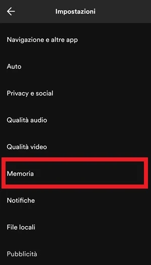 dalle impostazioni di spotify è in evidenza la voce memoria