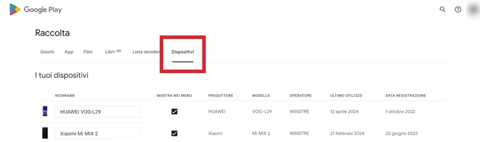 dalla versione web del play store nella sezione raccolta è in risalto la voce dispositivi che mostra i device collegati