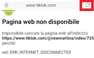 schermata del browser per la pagina di tiktok con scritta pagina web non disponibile con l'icona per ricaricarla in evidenza con un riquadro rosso
