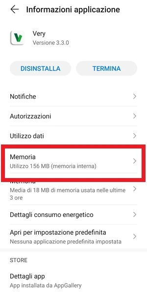 dalle informazioni applicazione di very mobile, la voce memoria è in evidenza
