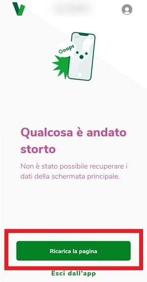 dalla schermata very mobile qualcosa è andato storto, il pulsante ricarica la pagina è messo in evidenza con un rettangolo rosso intorno