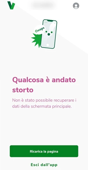 very mobile schermata dell'app nella home con scritto qualcosa è andato storto