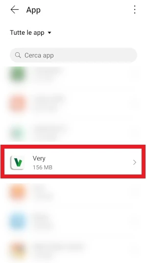 l'applicazione very mobile è messa in evidenza nella schermata app delle impostazioni di android