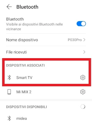 dalla schermata bluetooth del telefono, la voce smart tv è messa in risalto