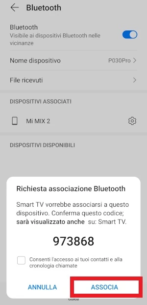 richiesta di associazione dei dispositivi bluetooth con codice e pulsante associa in evidenza