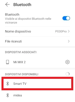 dalla schermata bluetooth di android, sotto la sezione dei dispositivi mobili è selezionata la voce smart tv