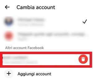 da facebook messenger nella schermata cambia account di fianco al nome dell'account da eliminare si vede l'icona con il cestino
