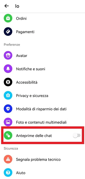 da facebook messenger l'interruttore di fianco a anteprima delle chat è disattivato