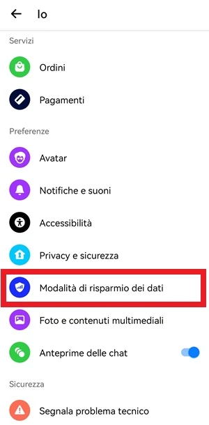 dalle impostazioni di facebook messenger è selezionata la voce modalità di risparmio dei dati