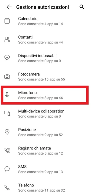 da gestione autorizzazioni di android, la voce microfono è dentro un riquadro rosso