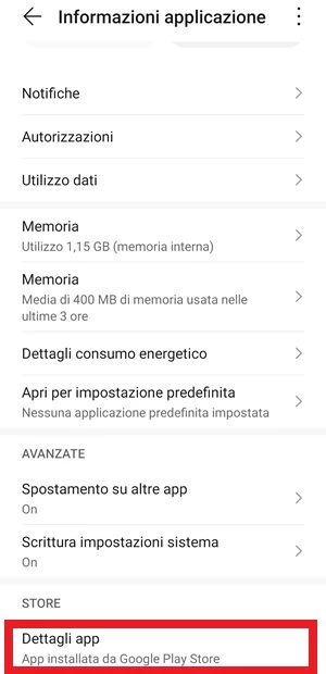 dalla schermata informazioni applicazione di google play services è in evidenza la voce dettagli app