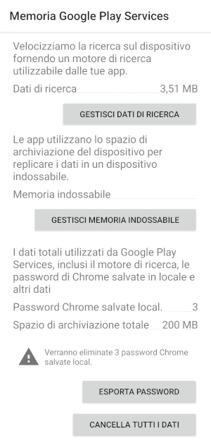 schermata memoria google play services, utile per cancellare tutti i dati premendo sul pulsante apposito
