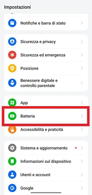 voce batteria in evidenza con una cornice rossa nel menu delle impostazioni del telefono realme