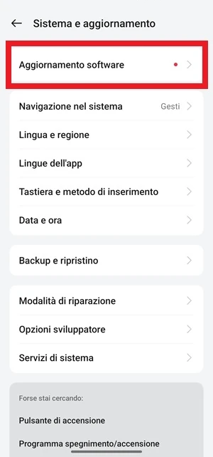 pagina sistema e aggiornamento di realme, con la voce aggiornamento software in evidenza