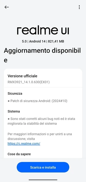 pagina di download degli aggiornamenti disponibili della realme ui