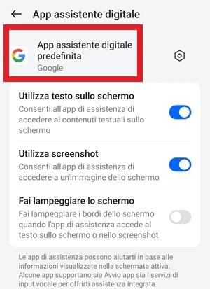 schermata app assistente digitale di realme con selezionata la voce app assistente digitale predefinita