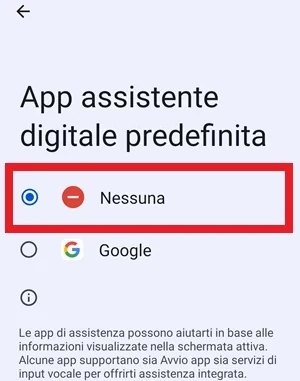 schermata app assistente digitale predefinita con selezionato nessuna