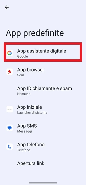 schermata app assistente digitale su app predefinite di realme