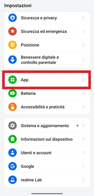schermata delle impostazioni di realme con selezionata la voce app