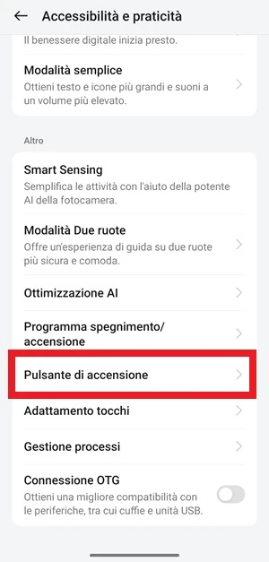 schermata delle impostazioni di realme dove è selezionata la voce pulsante di accensione